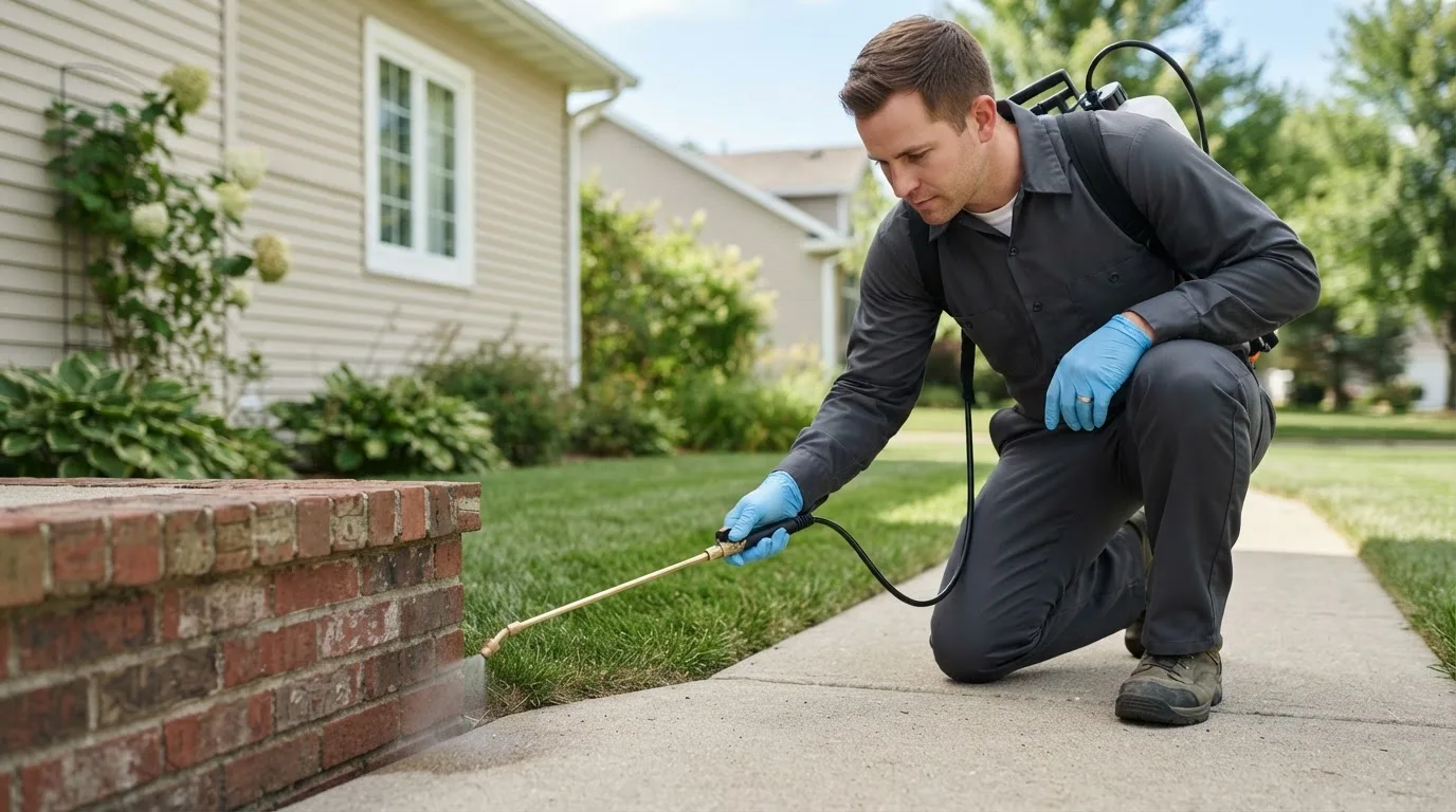 Pest control technician treating a home near Gwynneville, IN