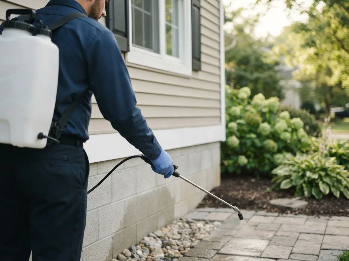 Pest control technician inspecting a home in Gwynneville, IN